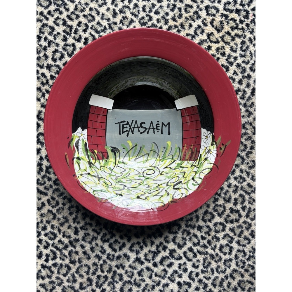Magnolia‎ Lane Texas A&M Aggies XL Serving Bowl 14" Maroon Black Polka Dot